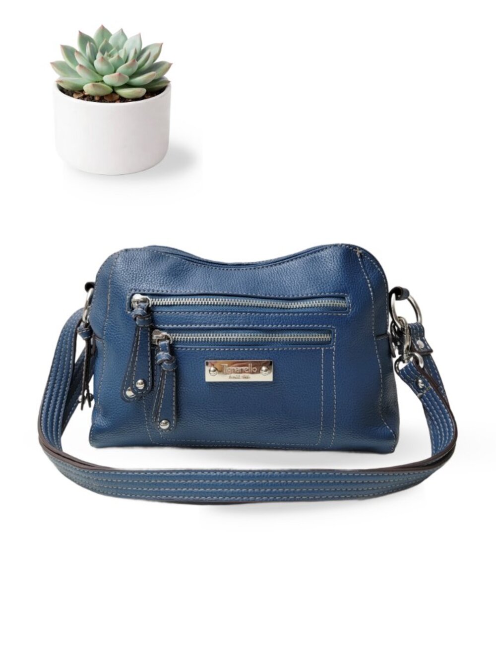 Tignanello Blue Pebbled Genuine Leather Crossbody Bag Multi-Zip Silver Hardware